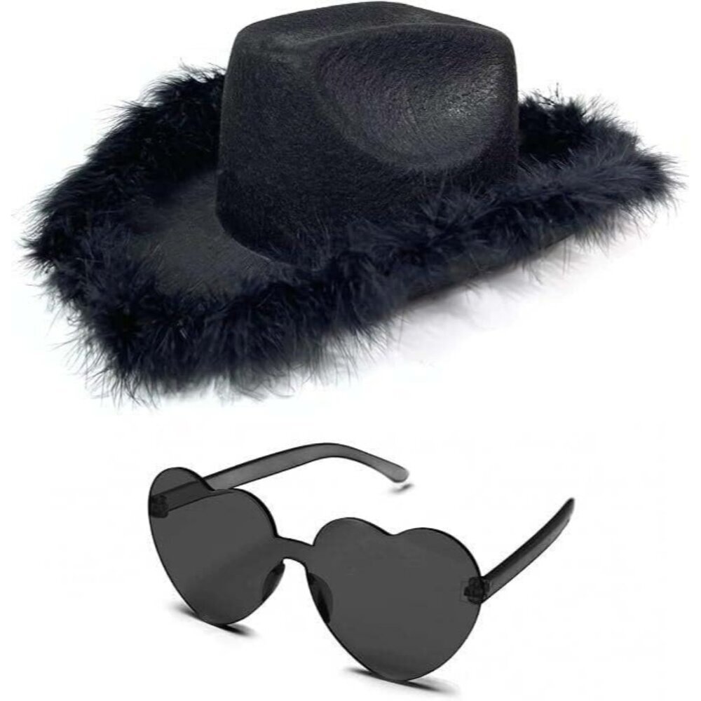 Cowboy Hat Felt Black with Feathers for Women and Heart Sunglasses Set